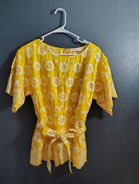 Tory Burch Vibrant Sunny Yellow and White Embroidered Peplum Top